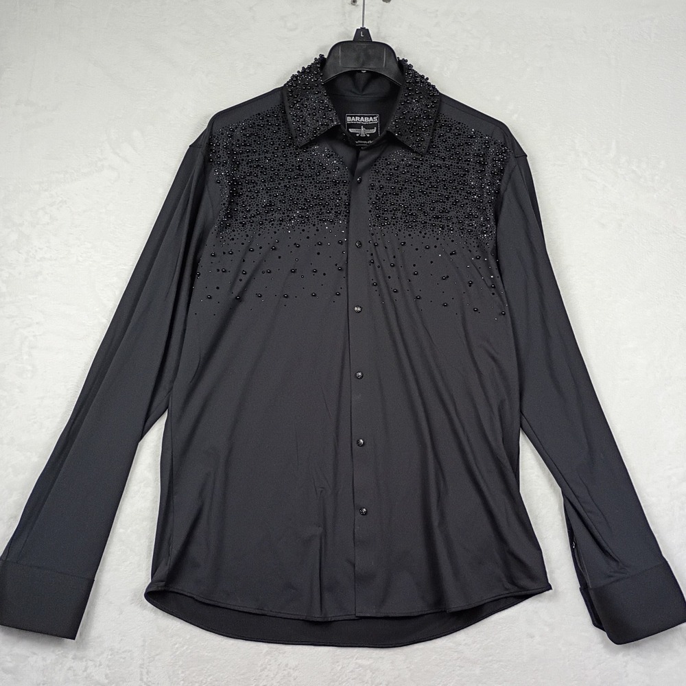 Barabas Mens Black Rhinestone Embellished Long Sleeve Button Down Shirt Large